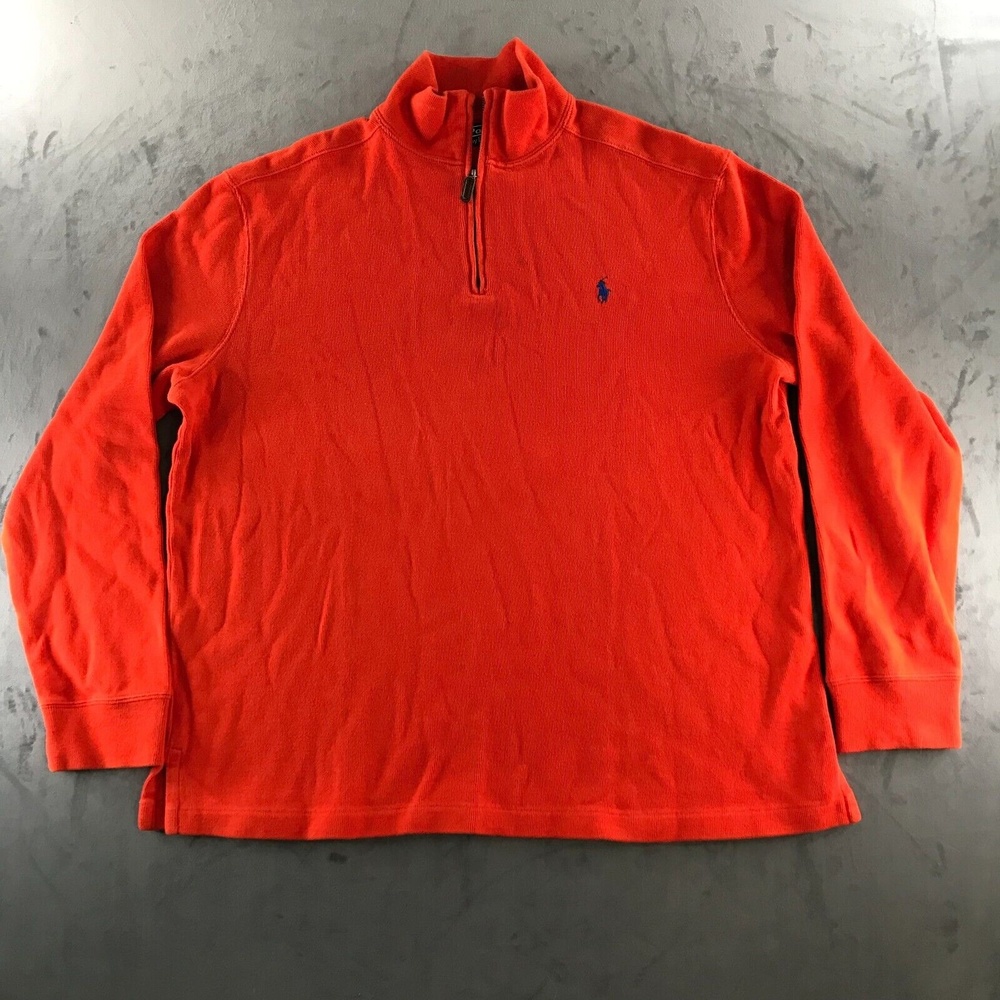Vintage Polo Ralph Lauren Sweater Mens XL Pullover 1/4 Zip Cotton Orange Pony